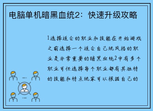 电脑单机暗黑血统2:快速升级攻略